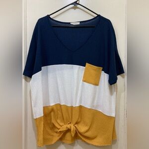 Entro Tunic Top Womens M Colorblock Tie Waist Short Sleeve Oversized Waffle Knit